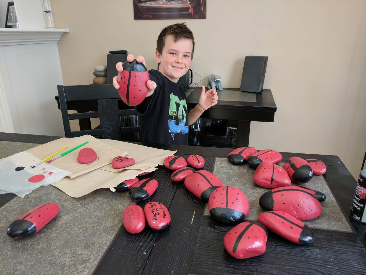 Brock Molyneux, nine, and his hand-painted rocks in Bedford, N.S., pictured on Sat., March 11, 2017.