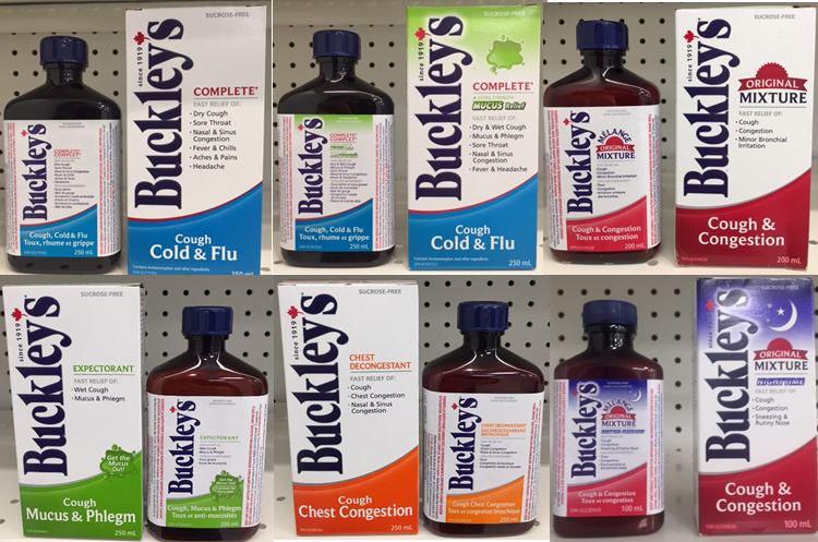 Buckley's Mixture products involved in a voluntary recall are shown in photos provided by Health Canada.