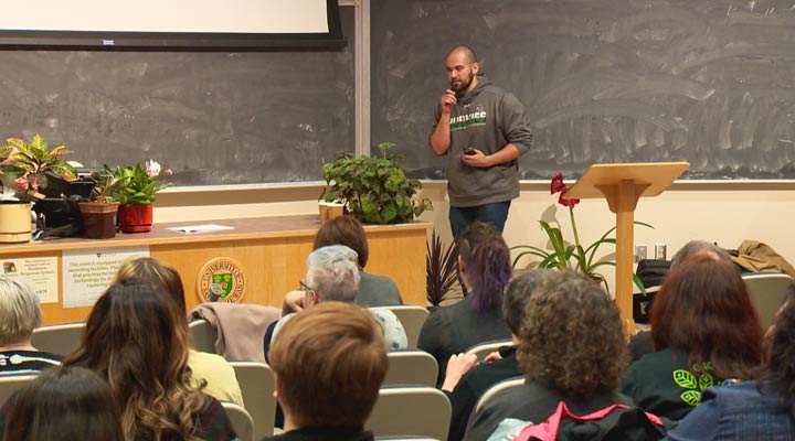 Josh Butcher talks about Athlete Allies on Saturday at Edwards School of Business in Saskatoon.