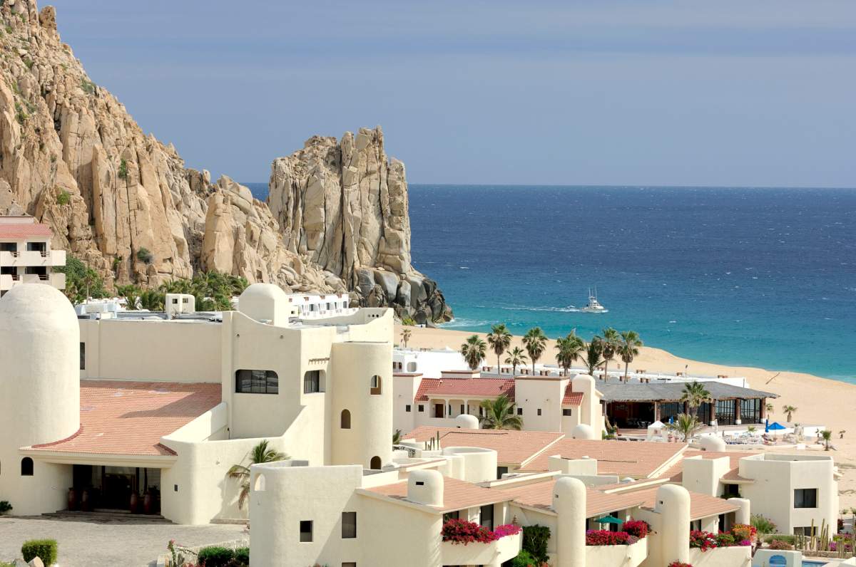 A resort in Cabo San Lucas, Mexico beside Finesterra Rock.