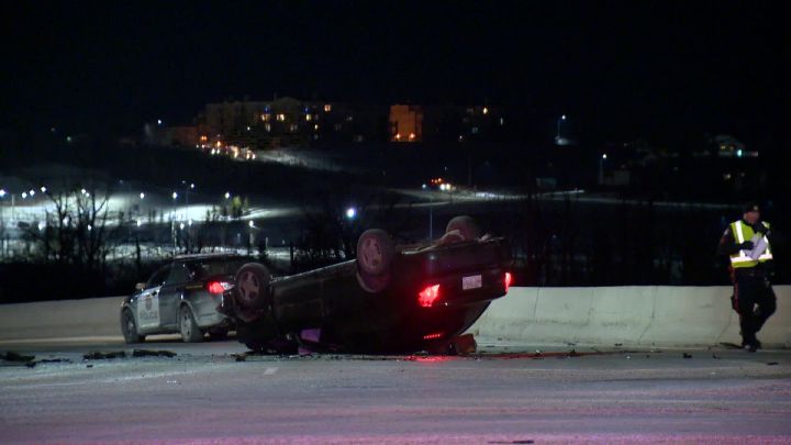 Rollover on Canyon Meadows Drive in Calgary - March 1, 2017.
