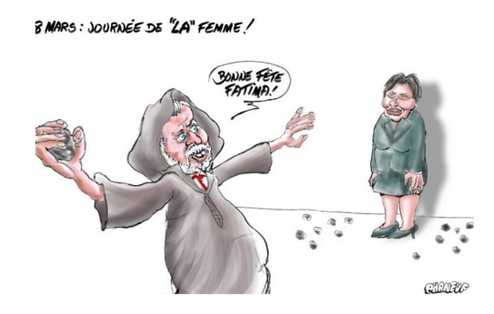 The Courrier du Sud posted this image on International Women's Day, depicting Quebec premier Philippe Couillard appearing to stone former colleague, Fatima Houda-Pepin.