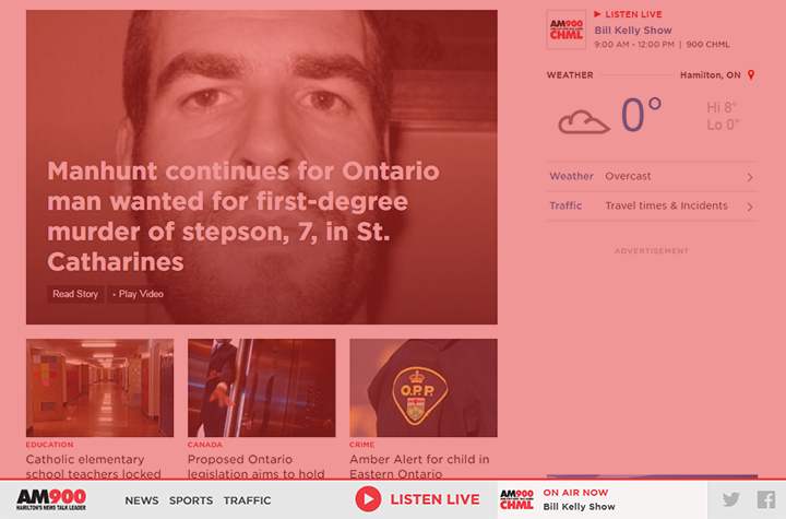 The sticky widget at the bottom of the site gives users quick access to listen to 900CHML programming live.