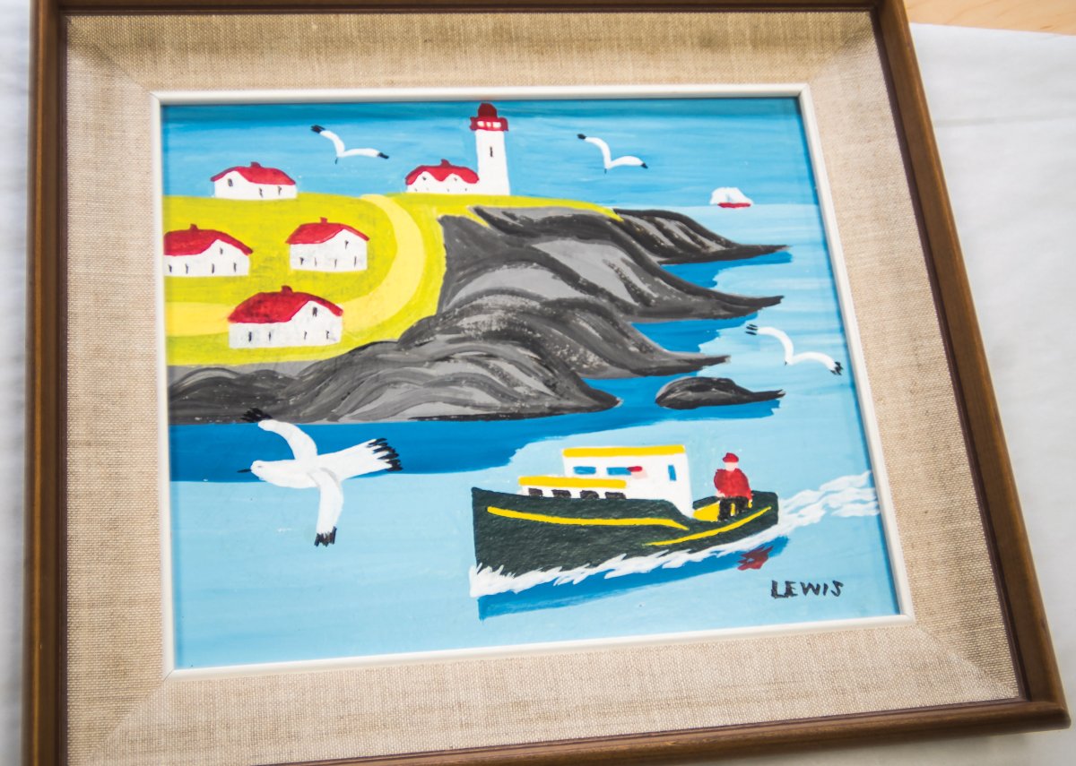 The painting "Portrait of Eddie Barnes and Ed Murphy, Lobster Fishermen, Bay View, N.S.," by Maud Lewis is shown in a handout photo. The painting by the Nova Scotia folk artist has turned up in a southern Ontario thrift shop.Volunteers at the Mennonite Central Committee Thrift Centre in New Hamburg, Ont., southwest of Kitchener, came across the piece while sorting through donations.