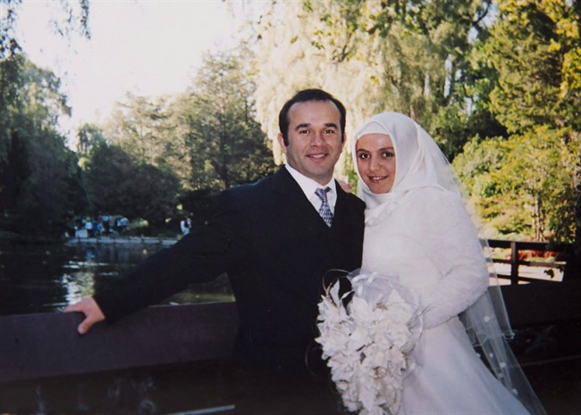 A photo of a wedding picture of Rumeysa Hanci, right, and imam Davud Hanci, is seen in Calgary on in an Aug. 17, 2016, file photo. 