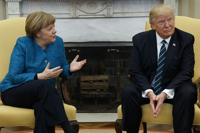 U.S. President Donald Trump meets with German Chancellor Angela Merkel in the Oval Office of the White House in Washington, Friday, March 17, 2017. 