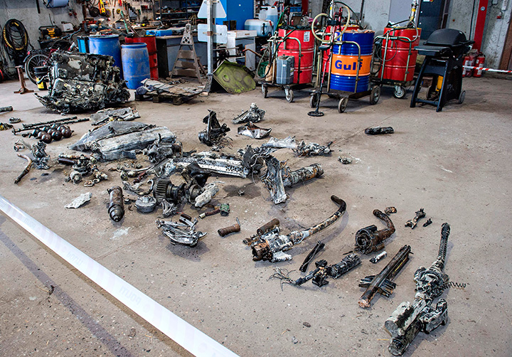 The debris from the wreck of a World War II aircraft found by a 14-year-old Daniel Rom Kristensen and his father Klaus Kristensen is pictured on March 7, 2017 in Northern Jutland.