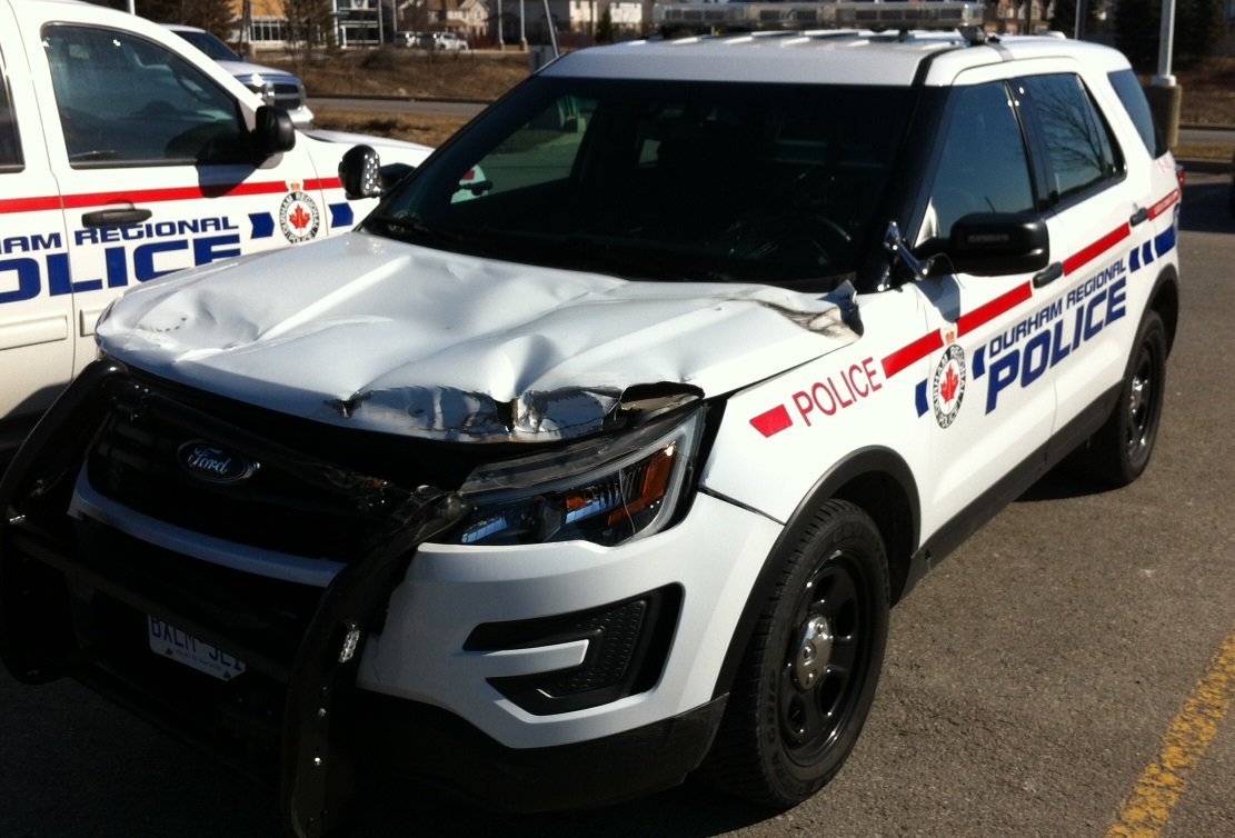 Photograph of a damaged Durham Regional Police cruiser following a pursuit in Whitby, Ont. on March 23, 2017.