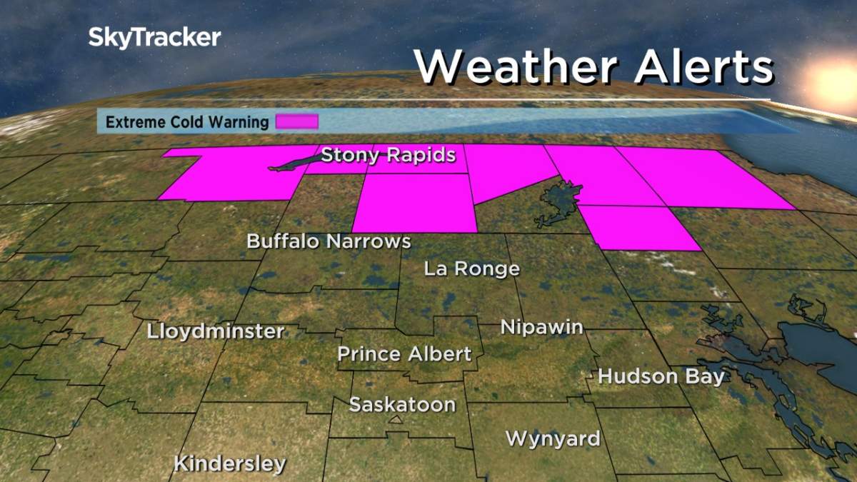 Extreme cold warning in effect in northern Saskatchewan for -45 wind chill values.