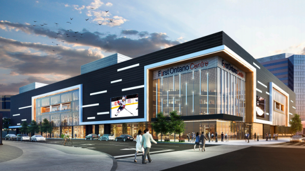Re-imagination of the exterior of FirstOntario Centre as part of a consultant's report.