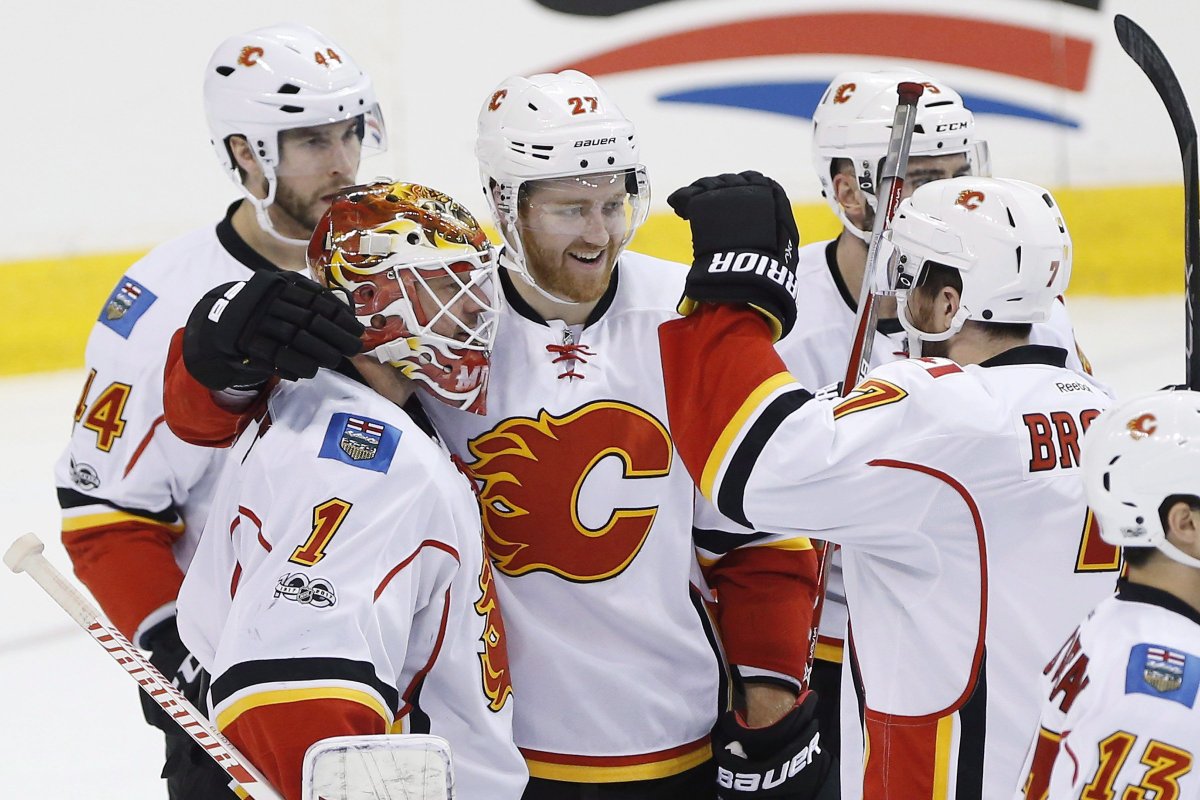 Calgary Flames goalie Brian Elliott (1) is congratulated for a shutout win following NHL action against the Winnipeg Jets, in Winnipeg on Saturday, March 11, 2017. THE CANADIAN PRESS/John Woods.