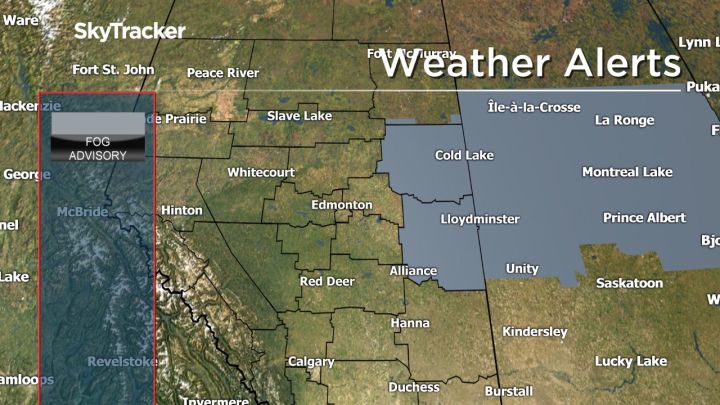 A map of Alberta showing areas under a fog advisory on March 29, 2017.