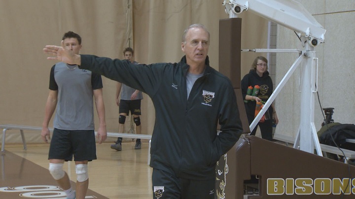 Manitoba Bisons men's volleyball head coach Garth Pischke oversees practice.