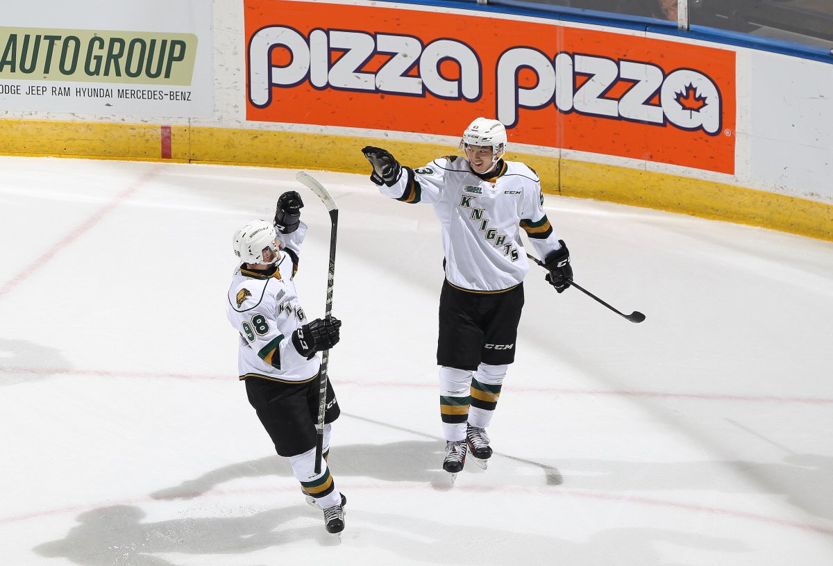Victor Mete of the London Knights celebrates a goal with teammate Cliff Pu during an OHL game.