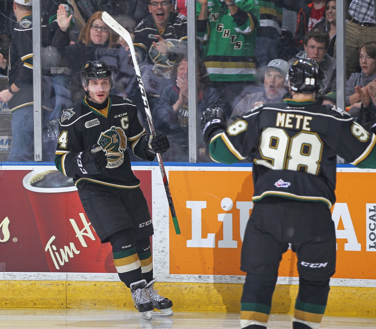 JJ Piccinich of the London Knights celebrates a goal at Budweiser Gardens.