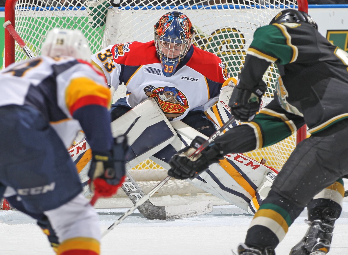 LONDON, ON - MARCH 10:  Troy Timpano #33 of the Erie Otters gets set to stop a scoring attempt against the London Knights during an OHL game at Budweiser Gardens on March 10, 2017 in London, Ontario, Canada. The Otters defeated the Knights 4-1. (Photo by Claus Andersen/Getty Images).