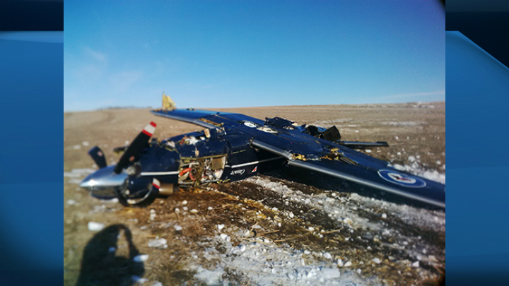 A CT- 156 Harvard II trainer aircraft after it crashed on private property south of Moose Jaw, Sask. on Jan. 27.