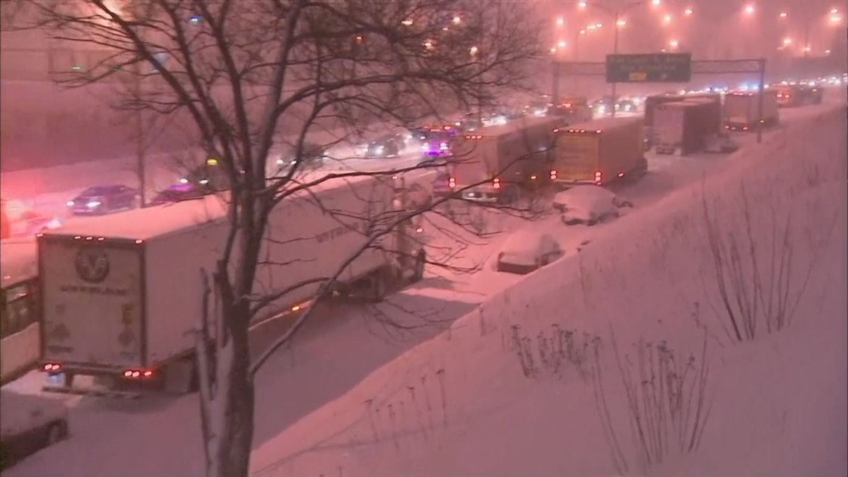 Highway 13 was closed between Highways 20 and 40 due to the snow storm that hit Montreal. Over 300 commuters were stranded in their vehicles overnight, Wednesday, March 15, 2017.