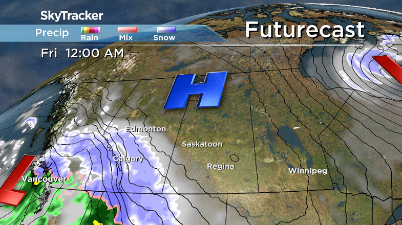 An arctic high pressure system slides into the north early Friday morning as clouds build into southwest Saskatchewan.