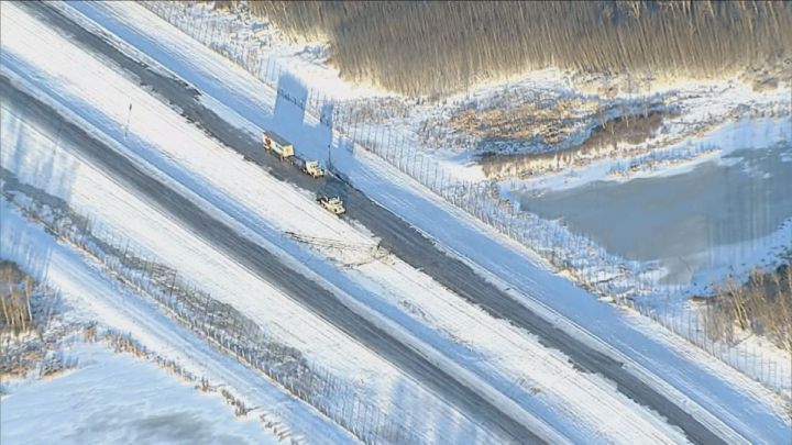 The westbound lane of Highway 16 east of Edmonton was shut down near Highway 831 Sunday morning as Fort Saskatchewan RCMP investigated a two-vehicle crash that sent one person to hospital.