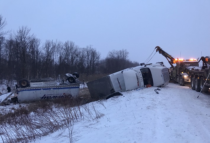 Tractor-trailer rollover on eastbound Highway 401 near Milton, Ont. on March 14, 2017.