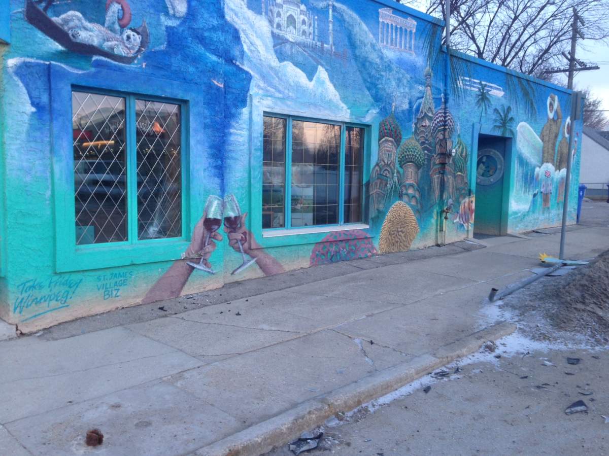 Police pursuit ends here on Portage Avenue and Sackville Street in front of Cruise Vacations of the early Thursday morning.