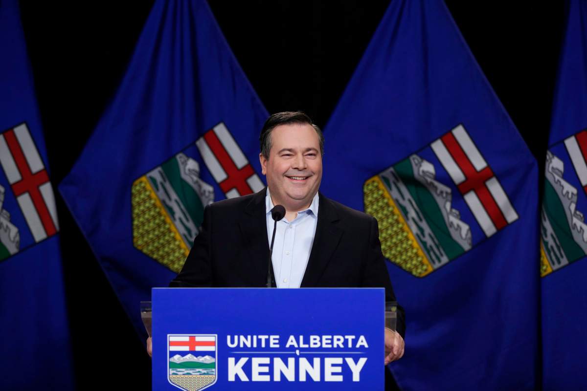 Newly elected leader of the Alberta PC party Jason Kenney answers questions at a news conference in a Calgary hotel, Sunday, March 19, 2017.