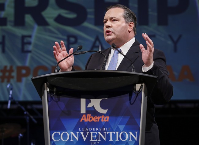 Jason Kenney delivers his victory speech at the Alberta PC Party leadership convention in Calgary, Alta., Saturday, March 18, 2017. 