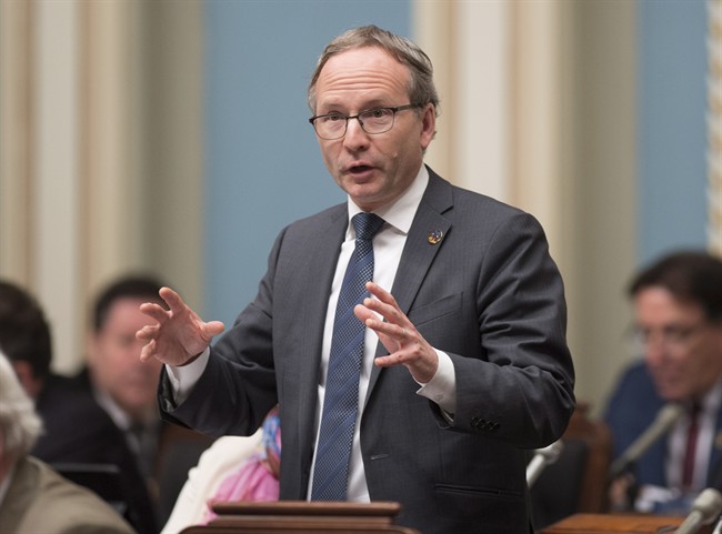 Quebec Public Security Minister and Municipal Affairs Minister Martin Coiteux responds to the Opposition during question period, Wednesday, March 29, 2017 at the legislature in Quebec City.
