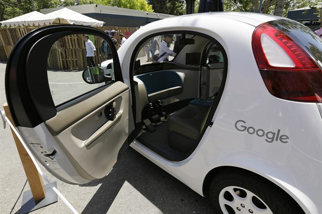 This May 18, 2016, file photo shows a Google self-driving car on display at Google's I/O conference in Mountain View, Calif.