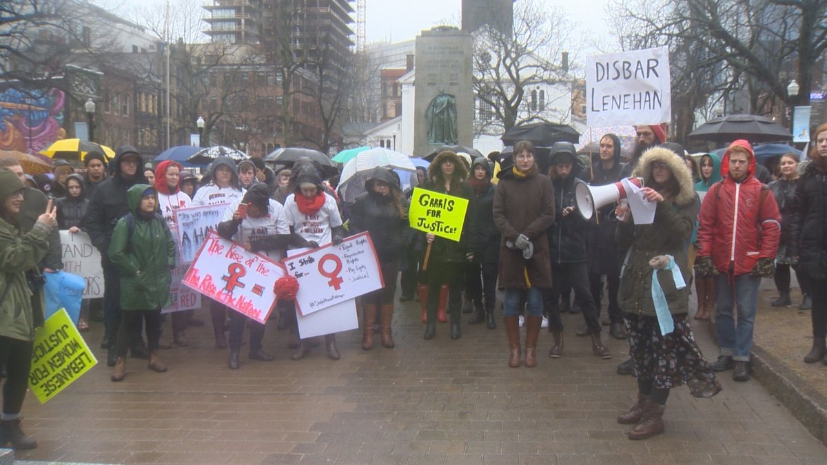 Protesters gather for a rally in Halifax's grand parade on March 8, 2017.