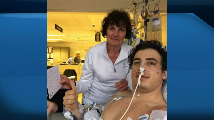 Mark McMorris recovers in a Vancouver hospital as his mother Cindy looks on in a photo from his brother Craig's Instagram feed. 
