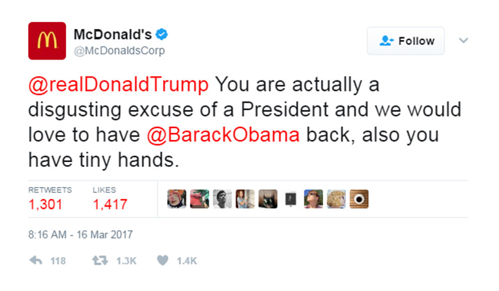 McDonald’s attacks ‘disgusting excuse of a president’ Donald Trump in apparent rogue tweet - image
