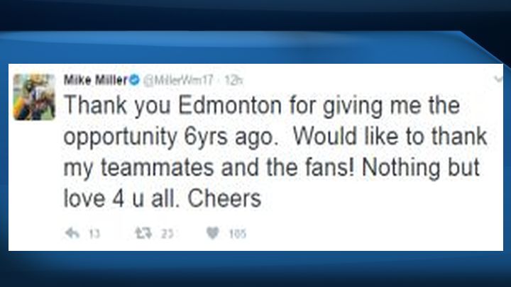 Mike Miller tweets his goodbyes after Edmonton Eskimos release him on March 1, 2017.