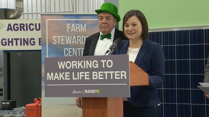 Minister of Environment and Parks Shannon Phillips announces energy efficiency upgrades at Lethbridge's Farm Stewardship Centre.