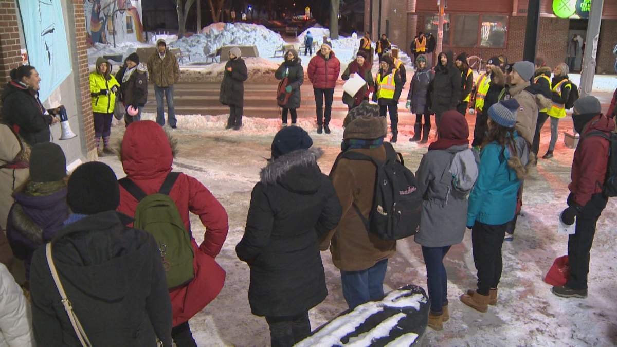 People gather at Meet Me at the Bell Tower in Winnipeg.