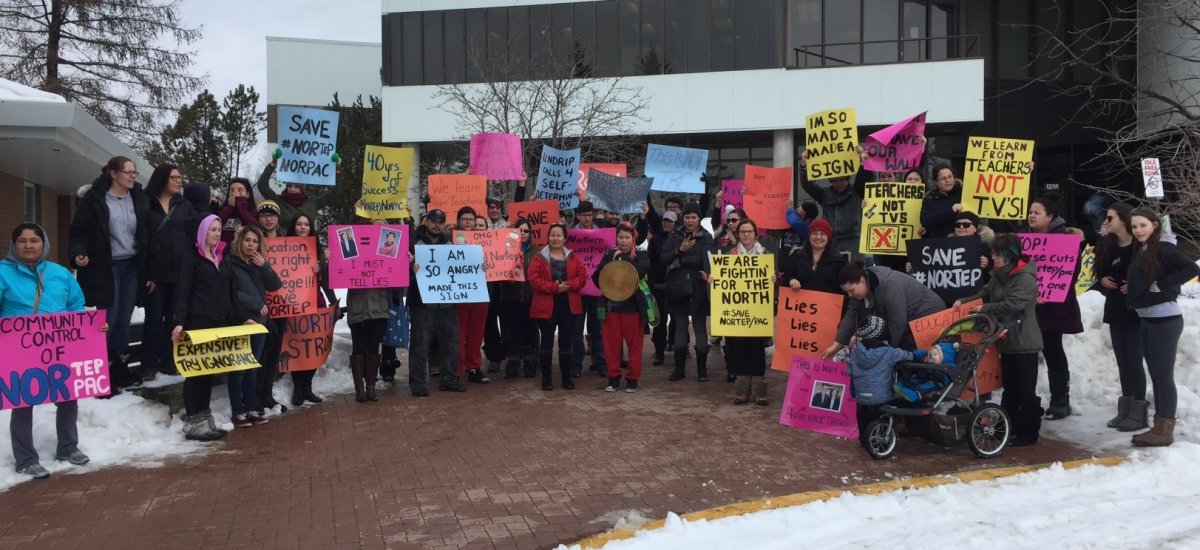 Students, faculty & alumni of the Northern Teacher Education Program protest a decision to transition the program to Northlands College in August.