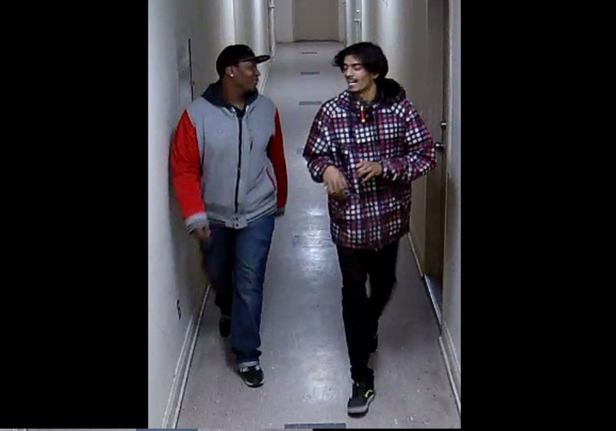 In this image provided by police, two suspects accused in an armed sexual assault investigation are shown near York University on February 25.