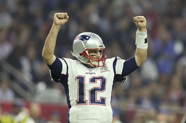  In this Feb. 5, 2017, file photo, New England Patriots quarterback Tom Brady celebrates a touchdown against the Atlanta Falcons during Super Bowl 51 in Houston. 