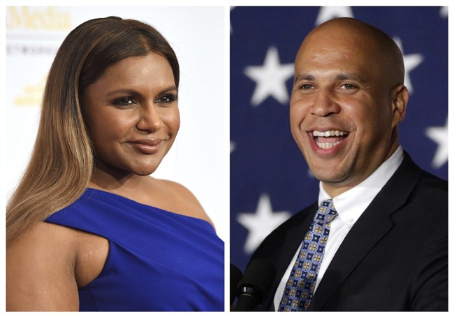 In this combination photo, Mindy Kaling, left, arrives at the 41st annual Gracie Awards Gala on May 24, 2016, in Beverly Hills, Calif., and Sen. Cory Booker, D-N.J., addresses supporters during an election night victory gathering on Nov. 4, 2014 in Newark, N.J. 