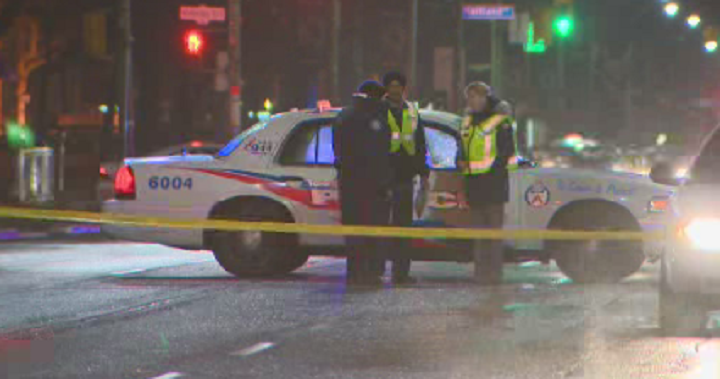 Toronto Police at the scene where a pedestrian was struck in downtown Toronto. Jerome Gange / GlobalNews.