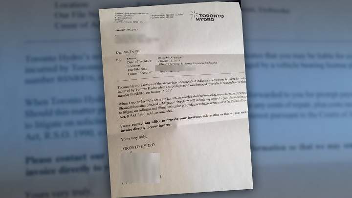 Five days after the shooting, Tulloch said she received a letter from Toronto Hydro informing her she would have to pay for damage done to a street lamp. (Venetia Tulloch/Handout)