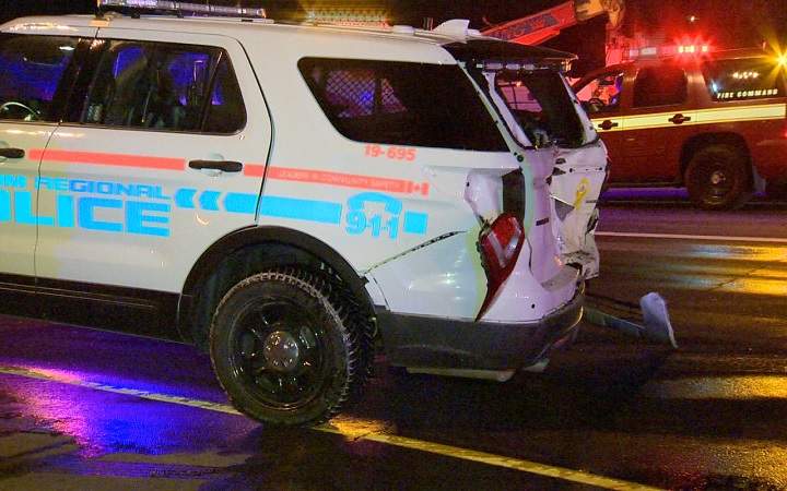 A Durham police cruiser was rear-ended on Highway 401 in Pickering on March 8, 2017.