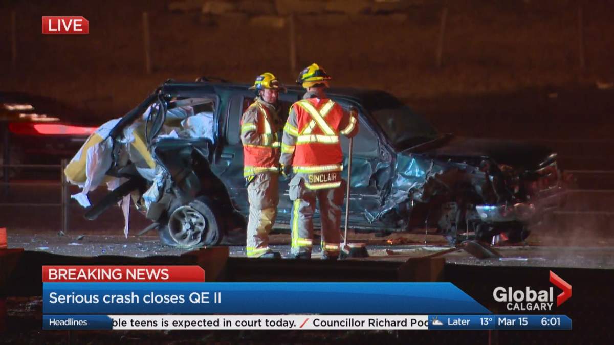 Emergency crews were called to a three-vehicle collision on the QEII Highway just before 3 a.m. on Wednesday, March 15, 2017.