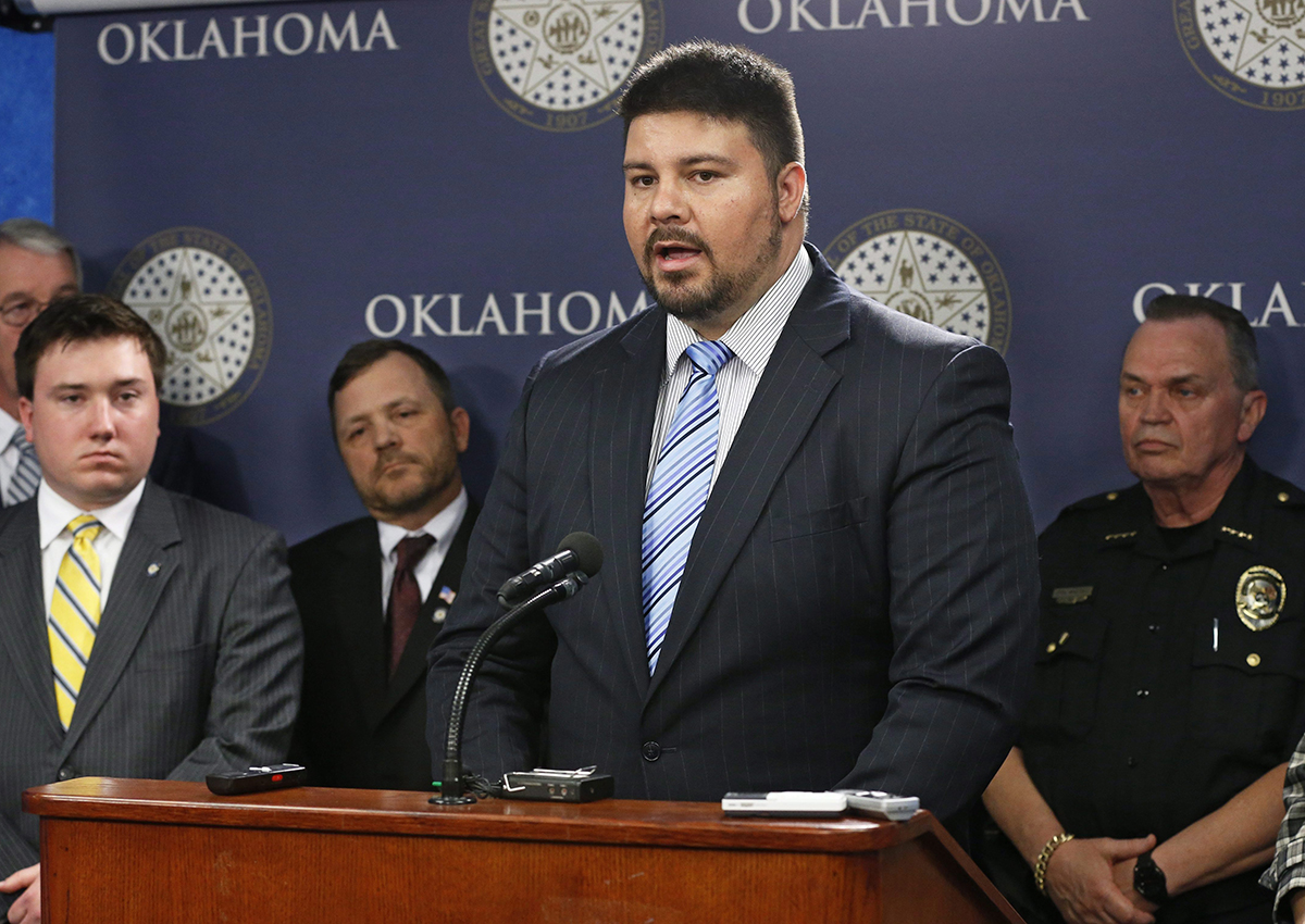 Oklahoma state Sen. Ralph Shortey, R-Oklahoma City, speaks at a news conference in Oklahoma City, Wednesday, April 29, 2015.  