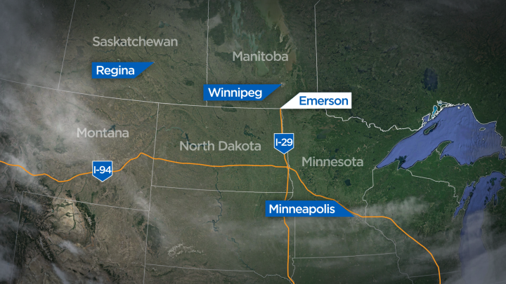 Asylum seekers from the United States may travel from Minneapolis through Interstate 29 to Emerson.