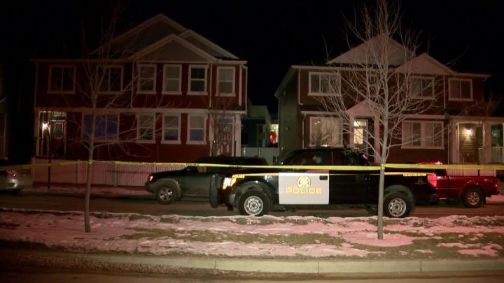 Calgary police in front of homes in Redstone