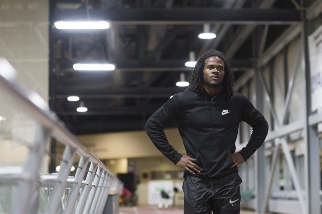 Tevaughn Campbell warms up for 60-metre sprint training at the University of Regina on Thursday, March 2, 2017. The track athlete, also a cornerback with the Saskatchewan Roughriders, will compete in the U Sports indoor championship.