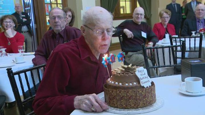 Clarence Hollingworth celebrates his 102nd birthday at SAIT in Calgary on March 2, 2017.