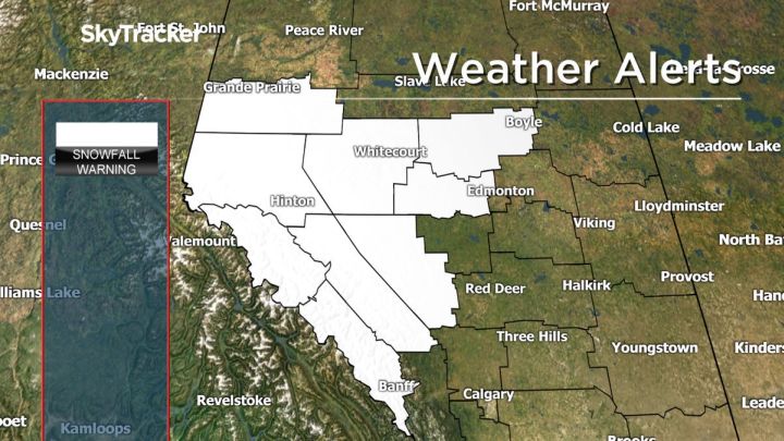 This map of Alberta shows which areas were under a snowfall warning on the evening of March 3, 2017. Areas under a warning are highlighted in white.